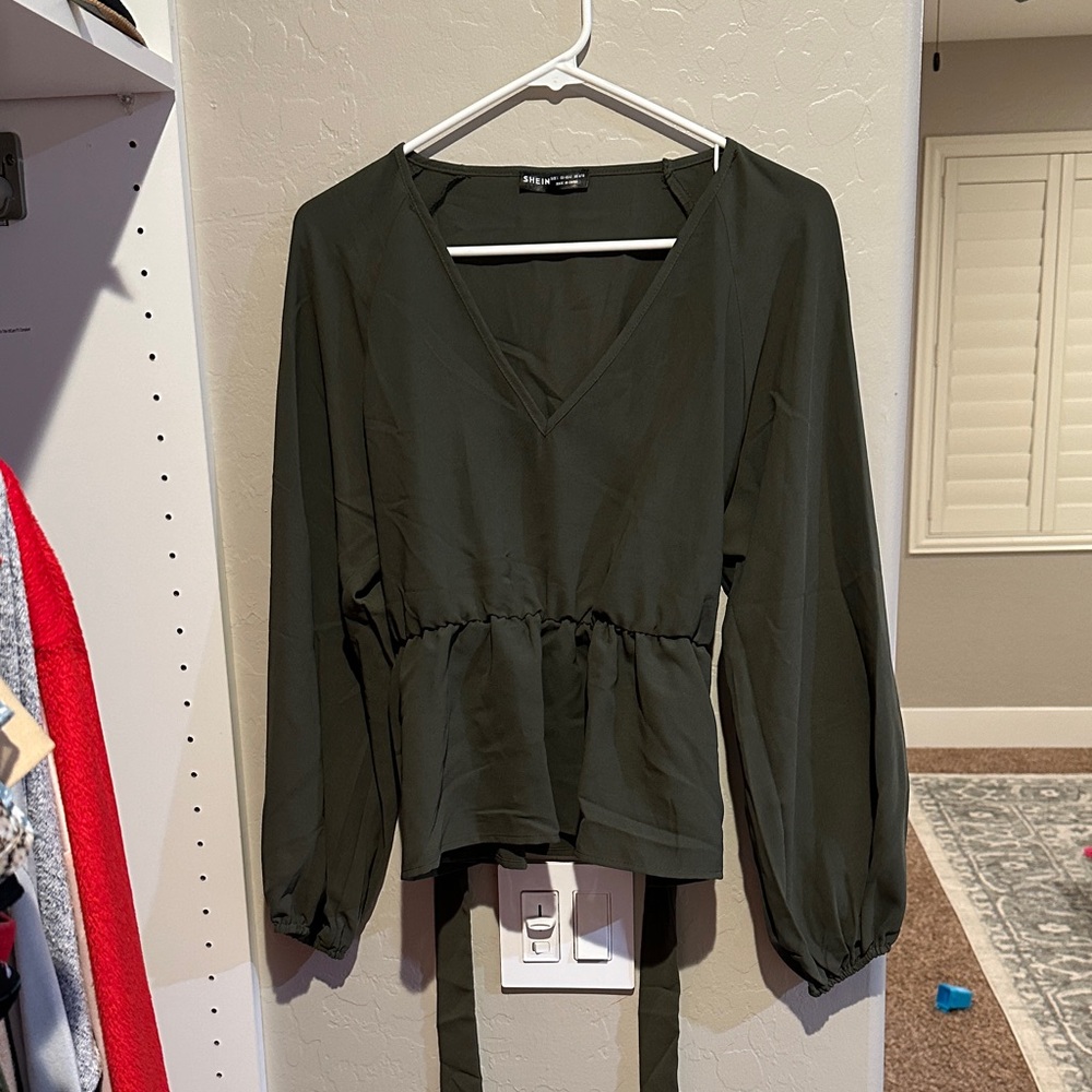 SHEIN Olive Peplum V-Neck Blouse